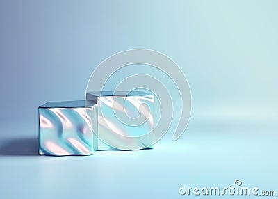 A three-dimensional geometric forms from a neon holographic material on light pastel background. Empty podiums for presentation Stock Photo