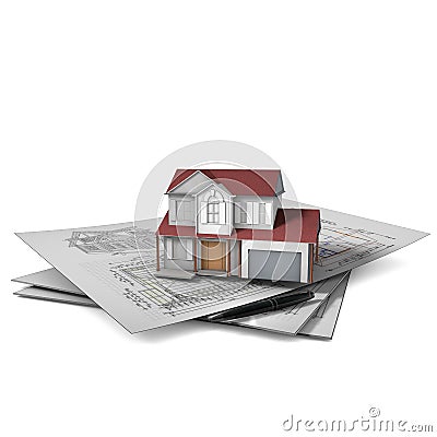 Three-dimensional house on a architectural drawing over white Stock Photo