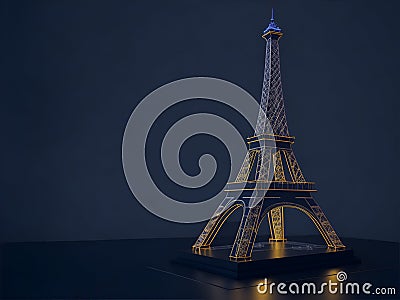 Three-Dimensional Image of the Eiffel Tower on a Table with Neon Effects. Stock Photo
