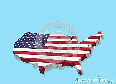 Three Dimensional Map of USA and American Flag Vector Illustration