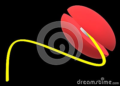 A three dimensional model image of a bright red 2A looping yoyo with bright yellow string black backdrop Cartoon Illustration