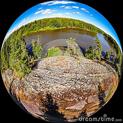 A three dimensional panoramic view of of rapid Ahvionkoski at Kymijoki river, Finland, in a mini planet panorama style Stock Photo