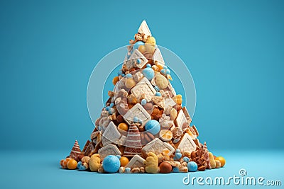 Three-dimensional pyramid with sweets of different kinds, candies and lollipops, cookies and chocolate, dragees and Stock Photo