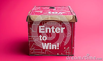 Three dimensional red contest entry box with bold white Enter to Win! text, symbolizing competitions, giveaways, raffles, and Stock Photo
