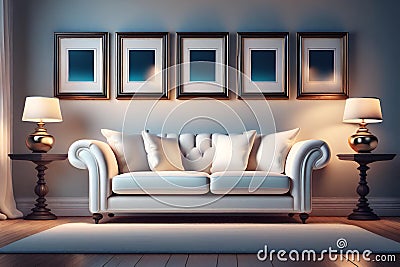 Three dimensional render of white sofa with empty picture frames hanging behind Stock Photo