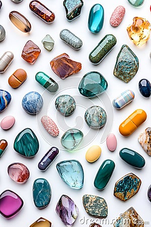 A three-dimensional rendering of an array of colorful pills and tablets, set against a white background, symbolizing Stock Photo