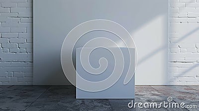 Three-dimensional rendering of a white cube against a wall in a studio. Stock Photo