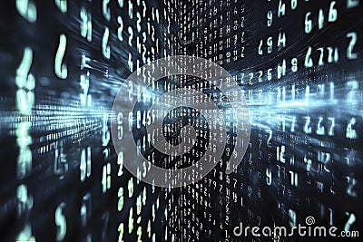 Three-dimensional representation of a folded matrix of abstract rows of numbers with a blue shimmer, made with generative ai Stock Photo