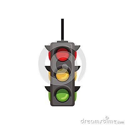 Semaphore with vertical arrangement of signals. Flat vector traffic light with red, yellow and green lamps. Signaling Vector Illustration