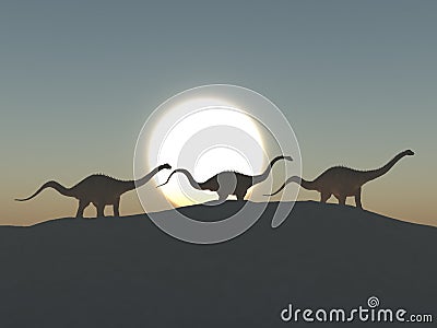 Three dinosaurs diplodocus at dawn Cartoon Illustration