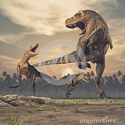 Three dinosaurs - tyrannosaurus rex. Cartoon Illustration