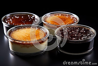 three dishes with dessert creme brulee topping Stock Photo