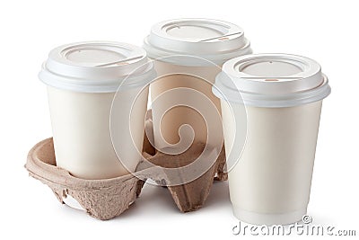 Three disposable coffee cups with plastic lid Stock Photo