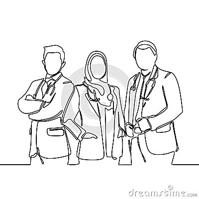 Three doctors one continuous line drawing standing with medicinal tools isolated on white background Vector Illustration