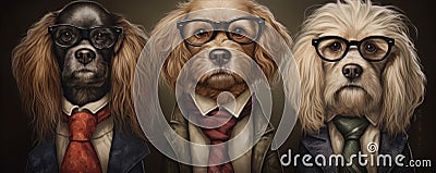 three dog heads with cool suits in row. wide banner Stock Photo