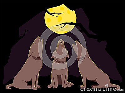 Three dogs howling at the moon, dark night, full moon Vector Illustration