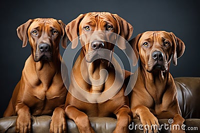 Three Dogs Are Sitting On A Leather Couch Stock Photo