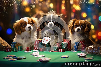 Three Dogs Sitting at a Table With Poker Chips, Tibetan Spaniel puppies playing poker in Vegas, All colorful glittering lights Stock Photo