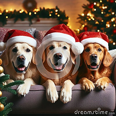 three dogs wearing santa hats Stock Photo