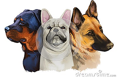 Three dogs white French bulldog, Black Mastiff and shepherd gun dog isolated digital art illustration. Clipart of puppies domestic Cartoon Illustration