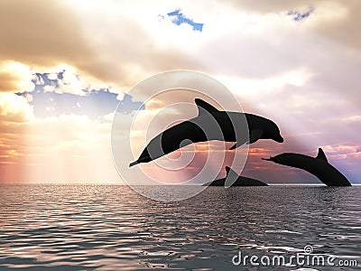 Three dolphin and fantastic sky Stock Photo