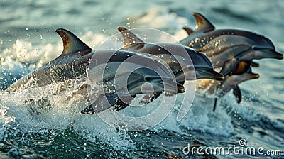 Three Dolphins Jumping Out of the Water at Sunset Stock Photo