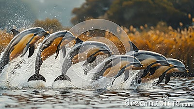 Three Dolphins Jumping Out of the Water at Sunset Stock Photo
