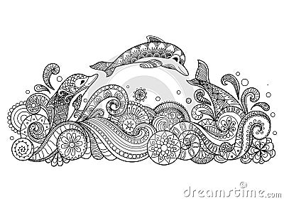 Three dolphins swimming happily zentangle style for coloring book for adult Vector Illustration