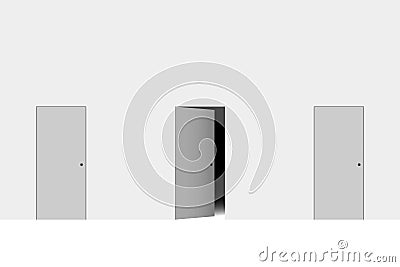 Three doors, one door is open slightly with darkness behind it Vector Illustration