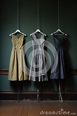 Three dresses hang on hangers in a room. Generative AI image. Stock Photo