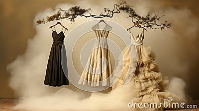 Three dresses hanging on a clothes rack in smoke. Generative AI image. Stock Photo