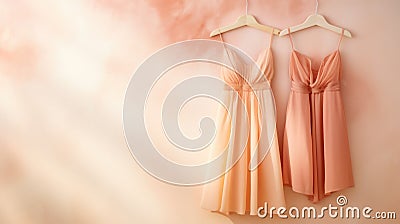 Three dresses hanging on a hanger against a wall, peach fuzz, trendy color of the year 2024. Editorial Stock Photo