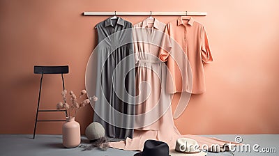 three dresses hanging on a rack next to a hat and a vase Stock Photo