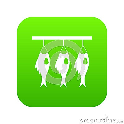 Three dried fish hanging on a rope icon digital green Vector Illustration