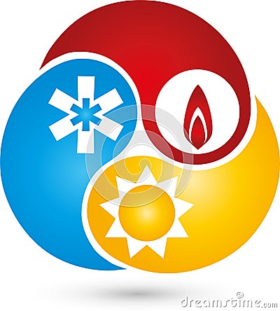 Three drops with water, snow and sun, air conditioning and plumbing logo Stock Photo