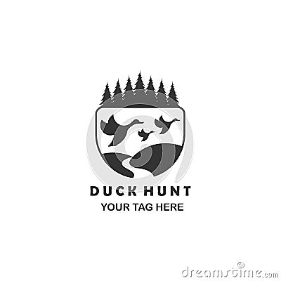 three duck hunt tree logo line art emblem vector template design Vector Illustration