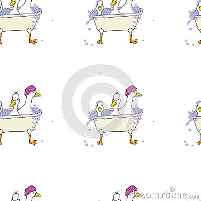 Three ducks in a tub, whimsical, seamless repeat pattern, vector Vector Illustration