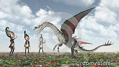 Three dwarfs and dragon Cartoon Illustration