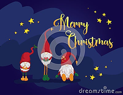 Three dwarfs, Santa`s elfs in red hats post card Merry Christmas. Blue background Vector Illustration