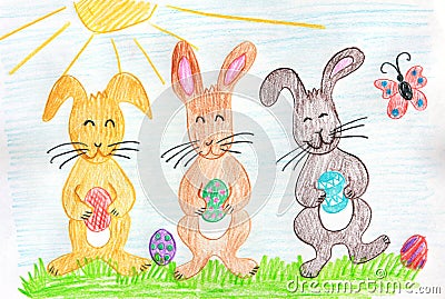 Three easter bunnies with eggs - children drawing Stock Photo