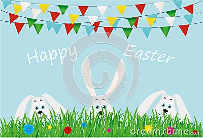 Three Easter bunnies are sitting in the grass with flowers. Flags Stock Photo