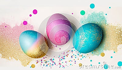 Three Easter eggs made of colored chocolate: golden yellow and light blue, pink and light blue. Stock Photo