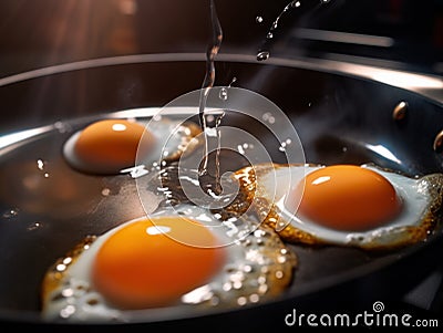 Three eggs frying in a frying pan on a stove. Generative AI image. Stock Photo