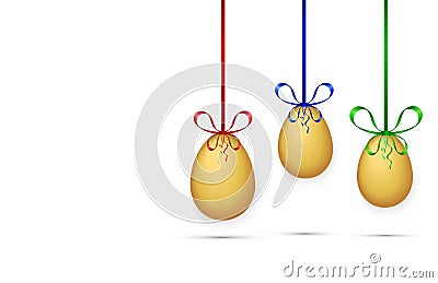 Three eggs hanging on colored ribbons on white background, vector Vector Illustration