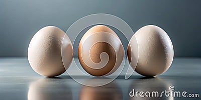Three eggs resting on a reflective surface, a study in subtle color variations and texture. Generative AI Stock Photo