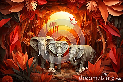 three elephants in the jungle at sunset Stock Photo