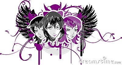 Three Emo Girls Vector Illustration