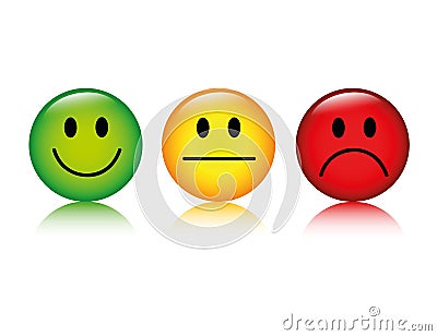 Three emoticon smiley rating buttons green to red Vector Illustration