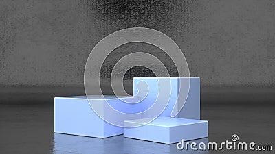 Three empty Blue stands and abstract rough metal geometry background. Podium, pedestal, platform for cosmetic product presentation Stock Photo