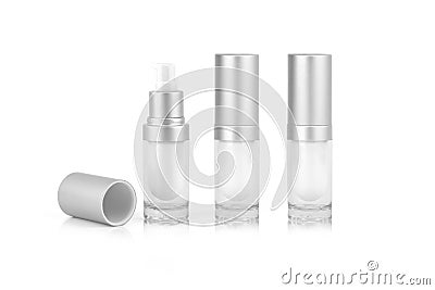 Three empty container cream pump bottle for cosmetic, mock up isolated on white floor and white background with clipping path. Stock Photo